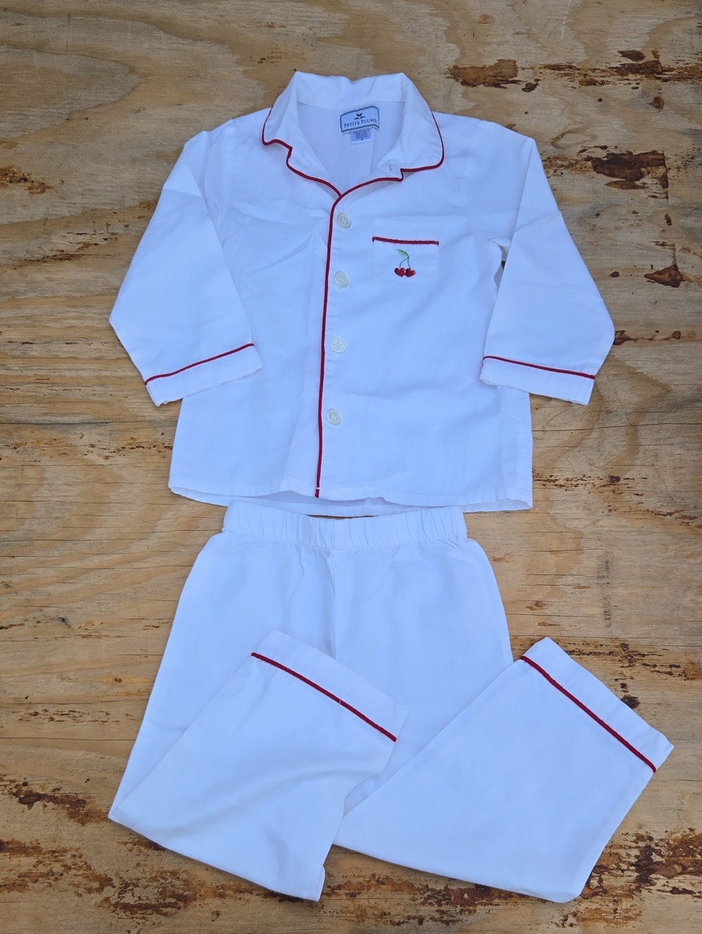 PETITE PLUME Classic White Kids Pajama Set with Red Trim